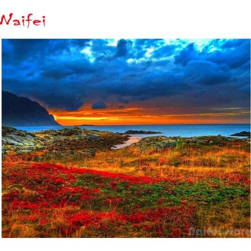 DIY 5d Diamond Painting kits Shore Natural Landscape Red Sunset Cross Stitch Full Diamond Embroidery rhinestones Mosaic decor