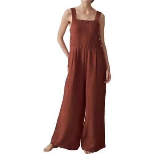 New Female Fashion Jumpsuits Sleeveless Buttons Pockets Wide Leg Jumpsuit Bib Overall Woman Clothes