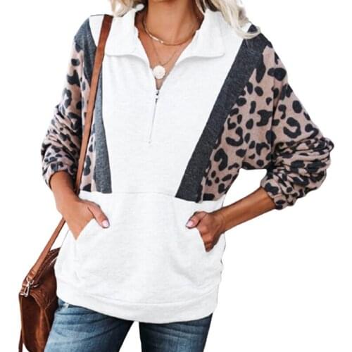 Fall Winter Lapel Clothes Patchwork Womens Sweatshirt Disheveled Top Leopard Print Casual Zipper Pullover Long-sleeved Warmth
