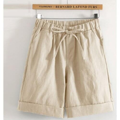 Casual Straight Solid Cotton Linen Pants Summer Korea Fashion Women Knee Length Hot Pants Plus Size Elastic Waist Loose