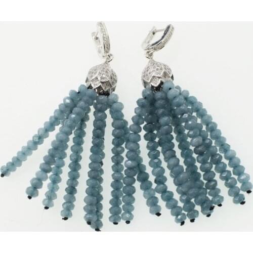 One pair gray blue jade 4*2mm roundel faceted hook drop earrings tassel wholesale beads nature FPPJ for weddinh