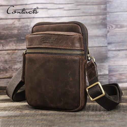 CONTACTS Genuine Leather Shoulder Bag Men Vintage Slim Small Crossbody Bags For Men Waist Pack For Phone Handbag Male Bolsos