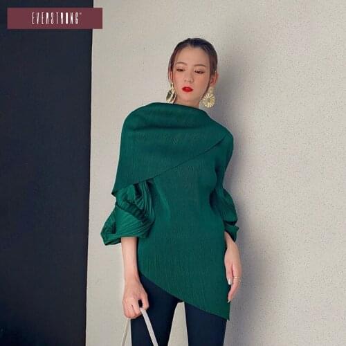 2021 Autumn Flare puff sleeve two piece irregular top plus size women Turn-down Collar Miyake pleated indie aesthetic shirt