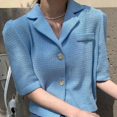 Women Jackets 2021 Summer Korean Chic Ladies Gentle Turn-down Collar Two Buttons Loose Woven Puff Sleeve Short Jackets Coat