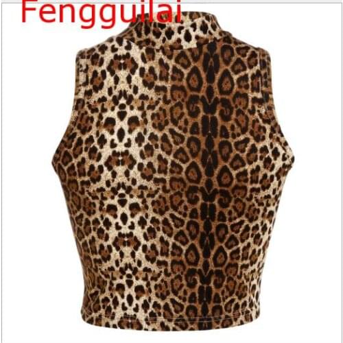 New Leopard Tank Sexy Women High Collar Leopard Turtleneck Crop Tops Casual Vest Sleeveless Leotard Shirts