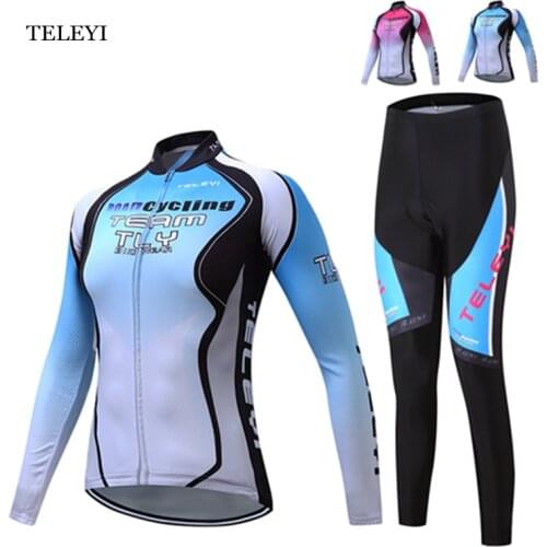 TELEYI Pro Team Women Cycling Jersey Ropa Ciclismo Suit Bicycle Girls Jersey Set Bike Long Sleeve Jacket Bib Pants Blue/Pink