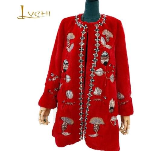 LVCHI 2019 Winter Velvet Mink Fur Coat Women Chinese Red Long Sleeve O-Neck Real Fur Coat Soft Medium Beading Mink Fur Coats
