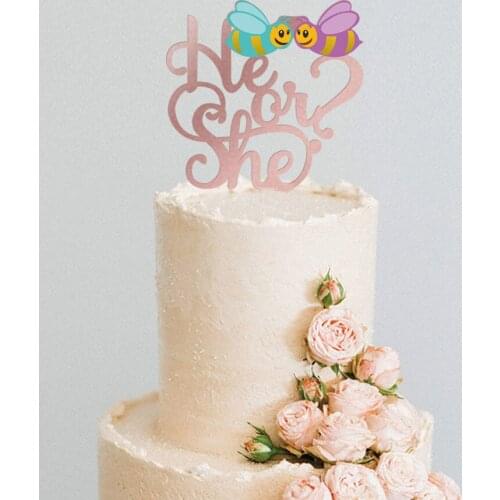 1 Pcs Cute Acrylic Rose Gold He or She Cake Toppers Insect Bee Gender Reveal Baby Shower Happy Birthday Party Cake Decorations
