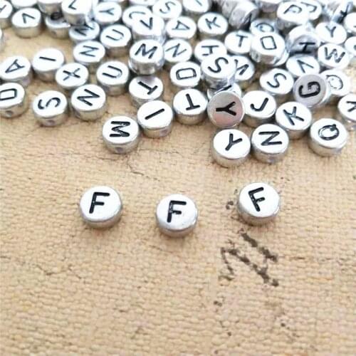 Free Shipping 100pcs 4*7MM Single Initial F Letters Beads Vintage Silver Tone Plated Plastic Acrylic Alphabet Bracelet Beads