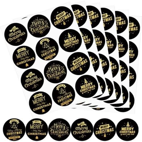 80-120pcs 5cm Merry Christmas Gold Sticker Black Red Green Happy New Year Decoration Wall Sticker Gift Candy Bag Sealing Sticker