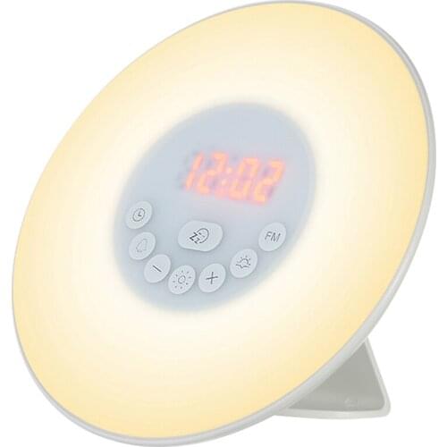 Us Plug Wake Up Light Alarm Clock Sunrise/Sunset Simulation Digital Clock With Fm Radio 7 Colors Light Sounds Function Press Con