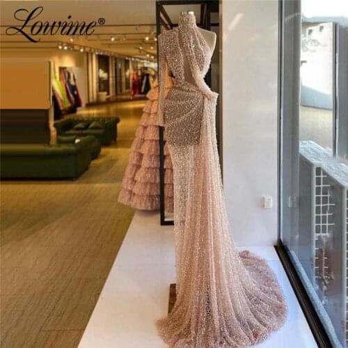 Pink Beads Evening Dresses 2021 Robe De Soiree Long Prom Dresses See through One Shoulder Beading Party Gowns Vestido De Festa