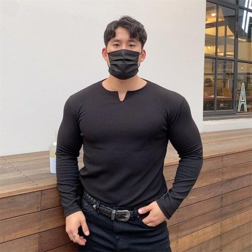 Autumn V-Neck Long sleeve T-shirt Men Fitness Slim Fit Casual Tshirt Male Solid Fashion Tees Tops Summer Knitted Gym Clothing