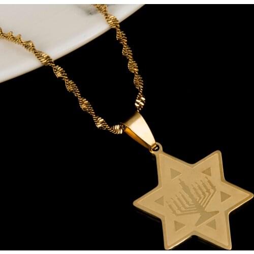 Stainless Steel Menorah Temple with Star of David Pendant Necklace Gold Color Star Chain Jewelry