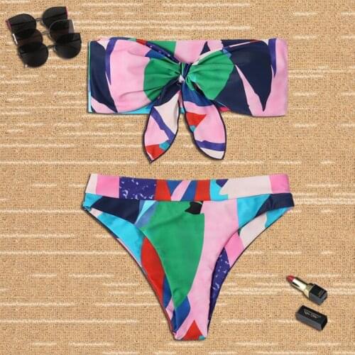 Two-Piece Suits High waist bikini Bandeau knot swimsuit Colorblock print swimwear women Sexy push bathing suit Beachwear