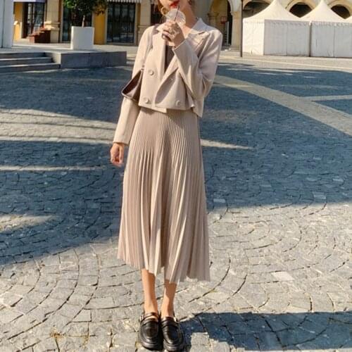 Skirt Set Korean Chic OL Two Piece Set Women Crop Top Casual Blazer Coat Pleated Long Skirt Suits Female 2 Piece Set