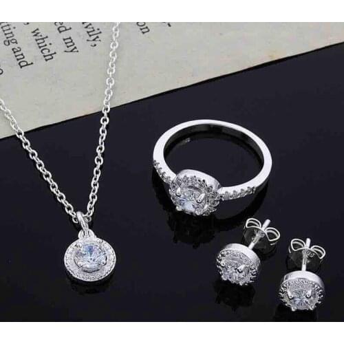 Trendy Female White Crystal Jewelry Set Charm Silver Color Wedding Drop Earrings For Women Cute Bridal Round Chain Necklace Ring