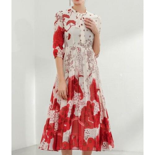 Hot Sale Flower Print Women Dress Fashion Mid-Calf Pleated Dresses 3284