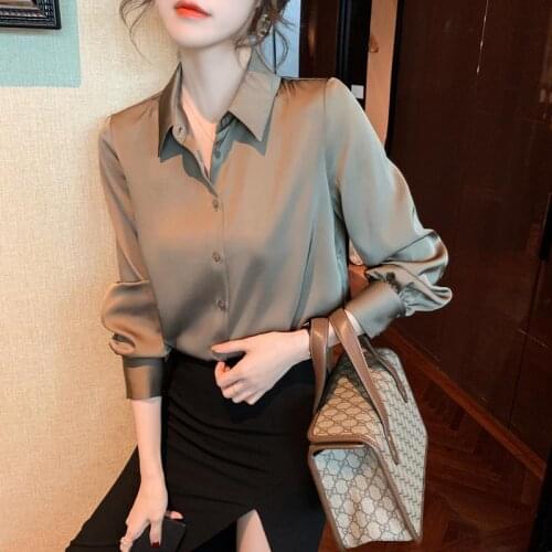 Silk Shirts Women Shirt Women Long Sleeve Shirts Blouse Office Lady Satin Silk Blouse Tops Plus Size Woman Basic Shirt Top X259