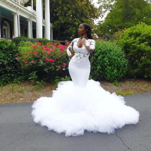 African Mermaid Wedding Dresses Ruffles 3D Appliques Plus Size Bride Dress Illusion Long Sleeves Bridal Gowns Vestidos De Novias