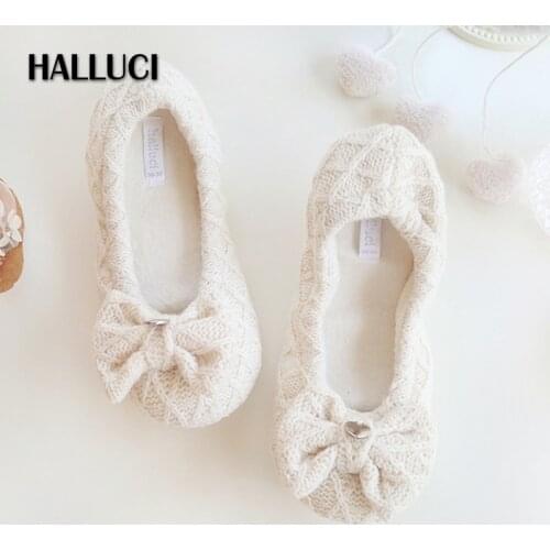 Simple knit warm soft sole home slippers pregnant woman cute bowknot slip on shoes women Japanese indoor slippers women shoes
