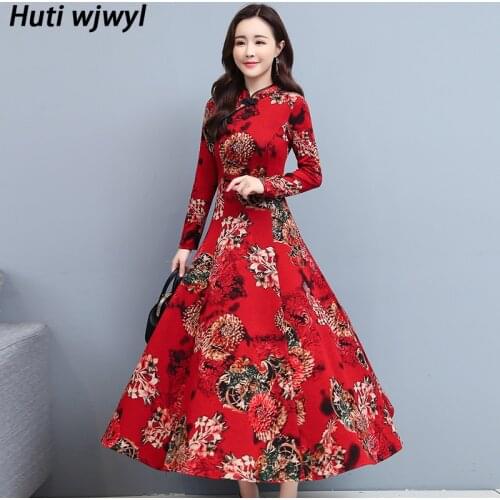2021 Spring Autumn Print Floral Women Bodycon Party Dresses Vintage Plus Size Casual Dress Chinese Style Cheongsam Maxi Vestidos