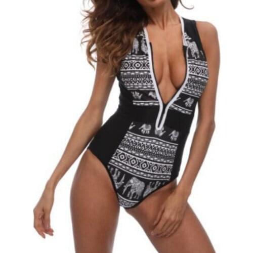 Vintage Women V One Piece Swimsuit Swimwear Bath Monokini Push Up Bikini Zipper Sleeveless Bodycon Bodysuit Elephant print