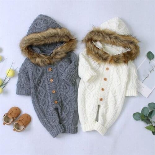 Knitted Baby Clothes Winter Toddler Baby Romper Jumpsuit Newborn ropa bebe Faux Fur Hooded Baby Girl Romper Boy Romper Jumpsuit