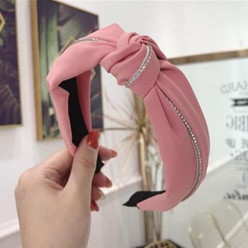 Pink Color Headband with Crystal Chains Decorated Women Hair Accessories Solid Hairband Top Knot Head Band Adults Headband