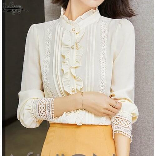 Autumn Elegant Temperament Blouse Women Slim Chiffon Long-sleeve Shirt Lady Solid Comfort Simple Stand-up Collar Woman Top 16202