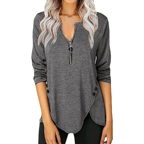 Zipper Oversized T Shirt V Neck Tops Women 2021 Winter Long Sleeve T Shirts Plus Size Women Clothing T-shirts Camisetas De Mujer