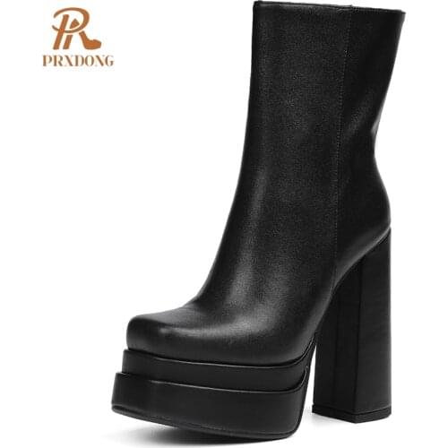 New 2021 Womens Comfy Elastic Platform Round Toe Chunky High Heel Ankle Booties Genuine Leather Short Boots Large Size 34-43