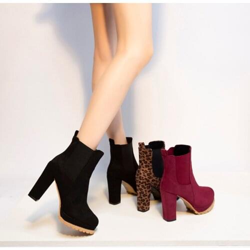 Womens Winter Fashion Boots Super High Square Heel Modern Leopard Slip-On Solid Round Toe Red Black Brown Shoes