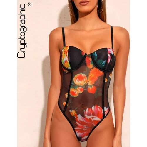 Cryptographic Floral Embroidery Sheer Mesh Black Bodysuits Sexy Party Club Women Tops See Through Teddies Female High-Cut Body