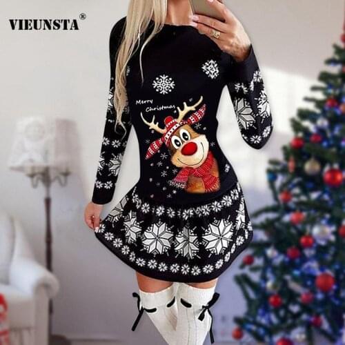 Christmas Animal Snowflake Printed Mini Dress Women 2022 Spring O Neck A-Line Party Dress Autumn Long Sleeve Slim Female Dresses