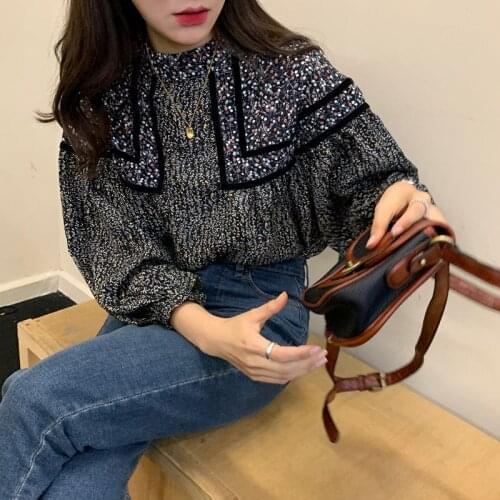 Lantern Long Sleeve Floral Blouse Women Spring 2020 Elegante Korean Vintage Fashion Tops Mujer Blusa Negra Camisa Femenina Tunik