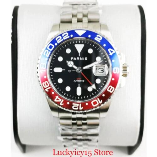 PARNIS 40mm Black Dial Sapphire Glass Mechanical Wristwatch Men GMT Automatic Movement Red Blue Pepsi Watch