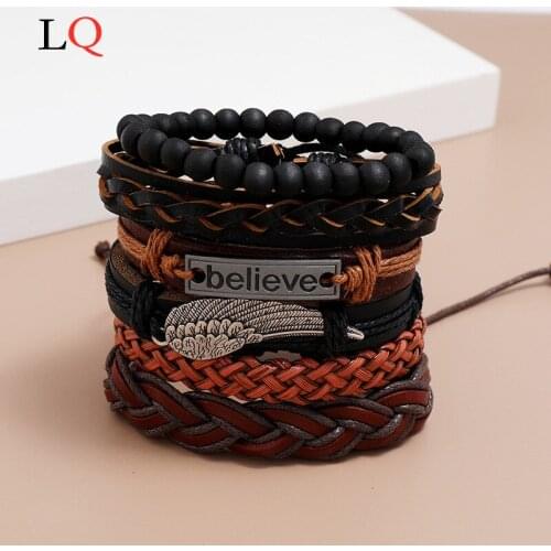 Man 6laps Vintage Leaf Feather Multilayer Leather Bracelet Sport Men Gift Fashion Braided Handmade Rope Wrap Bracelets & Bangles