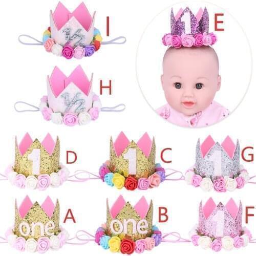 Newborn 1st Birthday Hats Flower Crown Headband Gold Birthday Crown 1 2 Year Number Priness Style Birthday Hat Baby Hair Accesso