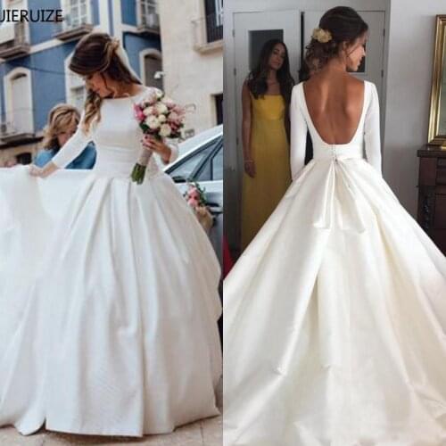JIERUIZE White Simple Backless Wedding Dresses 2021 Ball Gown 3/4 Sleeves Elegant Bridal Dresses Open Back Cheap Wedding Gowns