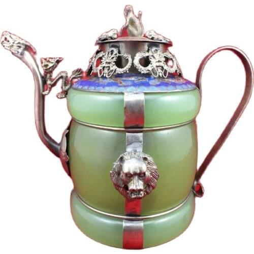 Chinese old Tibetan silver Dragon Lion Green jade Cloisonne teapot Monkey Lid