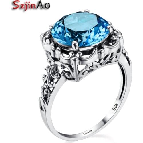 Szjinao Byzantine Style Luxury Women Blue Birthstone Aquamarine Ring 925 Sterling Silver Women Engagement Wedding Band Ring