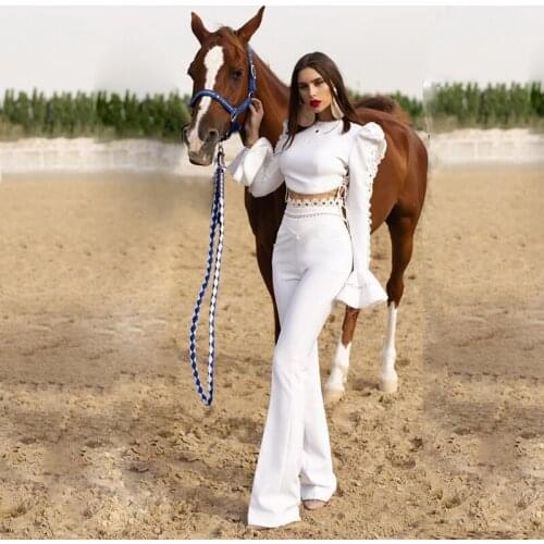 Free Shipping wholesale New Black white Long Sleeves Hollow Out Bandage top&Speaker Trousers Sexy Cocktail Party Two Piece Set