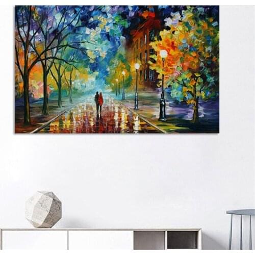 Colorful Palette Knife Oil Raining Street Giclee Canvas Painting Posters and Prints Wall Art for Living Room Home Decoration