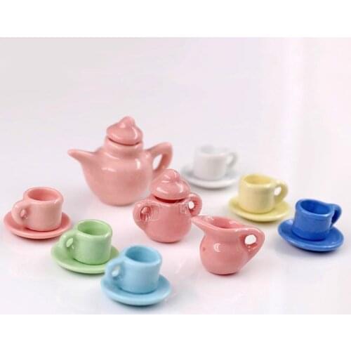 Colorful 1/6 Dollhouse Miniature Tableware Porcelain Tea Cup Dish Teapot Pretend Play Doll House Kitchen Toys Accessories