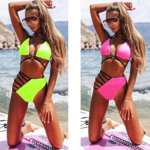 Summer Womens Solid High Waisted Bikini Suit Swimsuit with Hollow Waist Strap Womens Sexy Bikini Set Swimwear