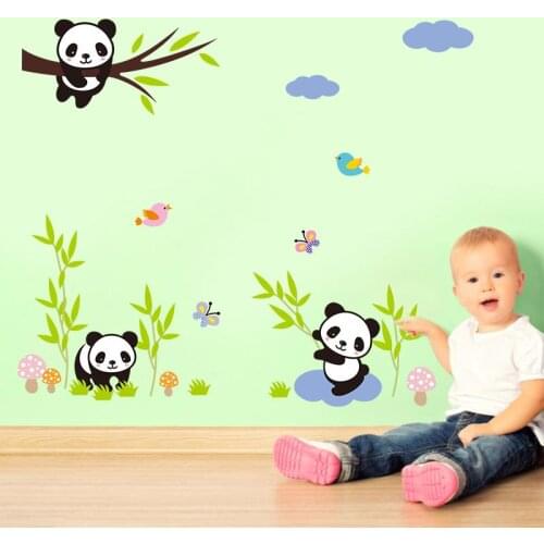 Cute Baby Pandas With Bamboo Wall Stickers For Kindergarten Kids Room Home Decoration Animal Mural Art Diy Cartoon Wall Decal