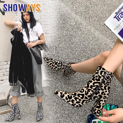Fashion Leopard Women Ankle Boots Gold Glitter PU High Chunky Heel Pointed Toe Party Office Lady Winter Plush Zipper Short Boots