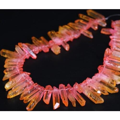 New!! 15.5"/strand Top Drilled Raw Crystal Quartz Points Pink&Orange Titanium Beads,Rainbow Crystal Stick Pendant Jewelry Making