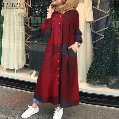 Retro Check Shirt Dress Womens Autumn Sundress ZANZEA 2021 Casual Muslim Abaya Dresses Female Button Maxi Vestidos